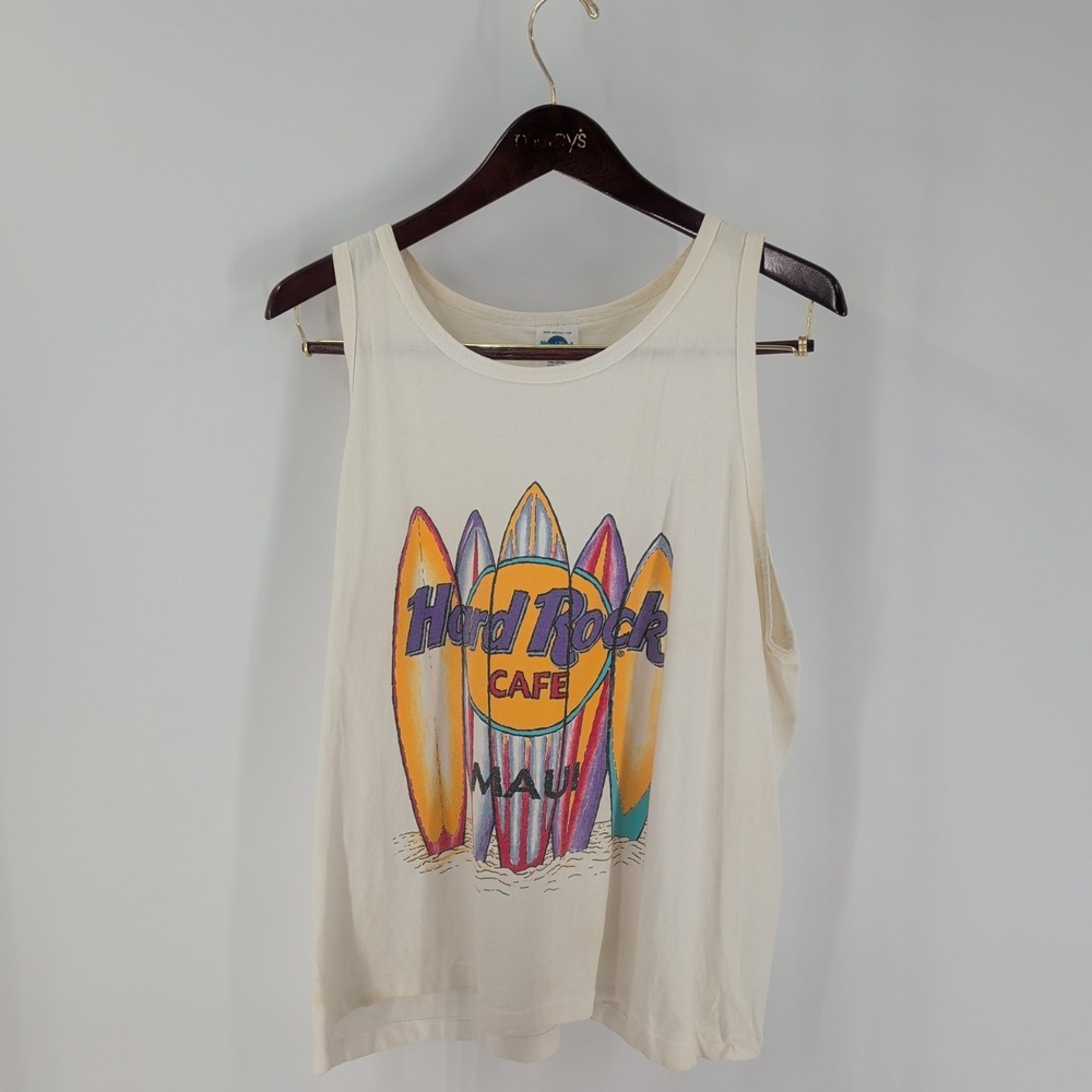 Vintage 90's Hard Rock Cafe Maul Beach Graphic Spellout Tank Top Ivory Size‎ L